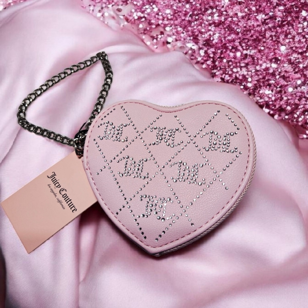 NWT Juicy Couture  Y2K Pink Crystal Crush Heart Wallet Wristlet Zip 5"x5" NEW